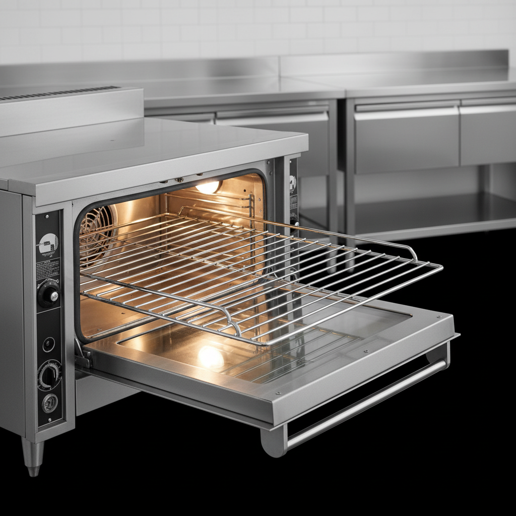 Observe the durable, highly reflective chrome-plated oven racks designed for versatile cooking in this commercial gas range.