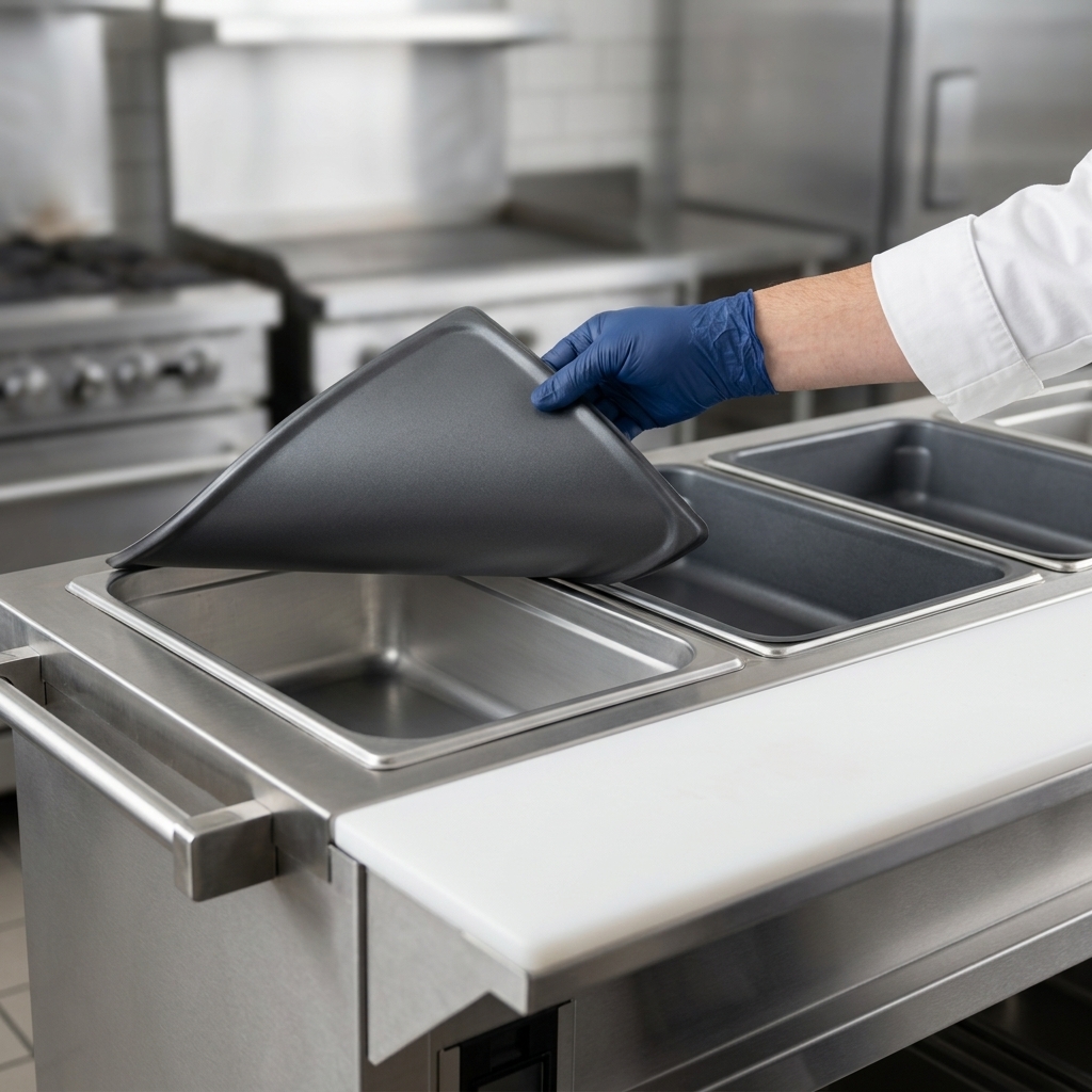 Effortlessly clean your steamtable with the patent-pending removable non-stick liners designed for quick and easy maintenance.