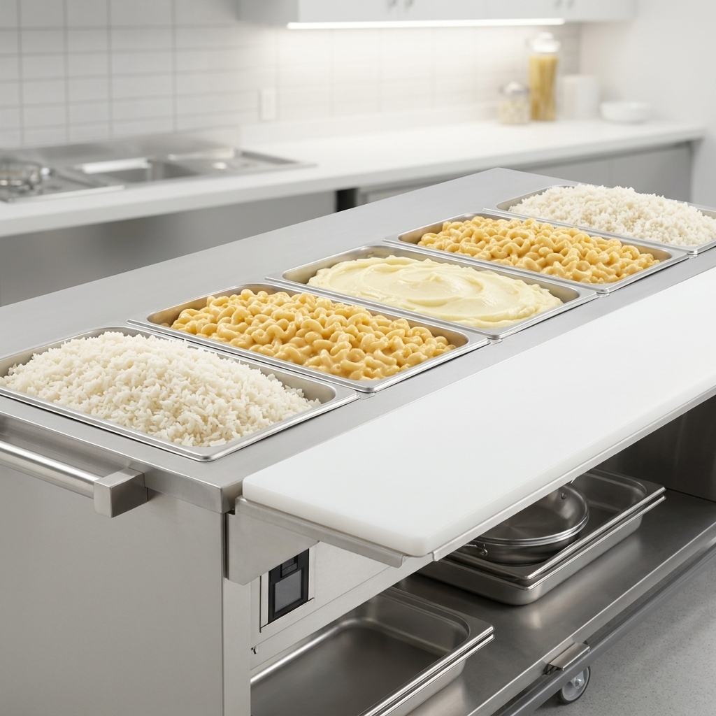This waterless steamtable gently heats starchy foods to perfection, ensuring they remain moist and unscorched without any visible steam.