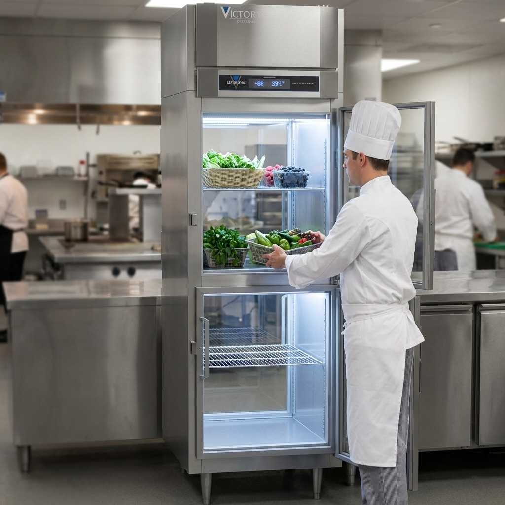 This image highlights the pass-thru design of the freezer, enabling convenient loading and unloading from both sides in a busy kitchen.