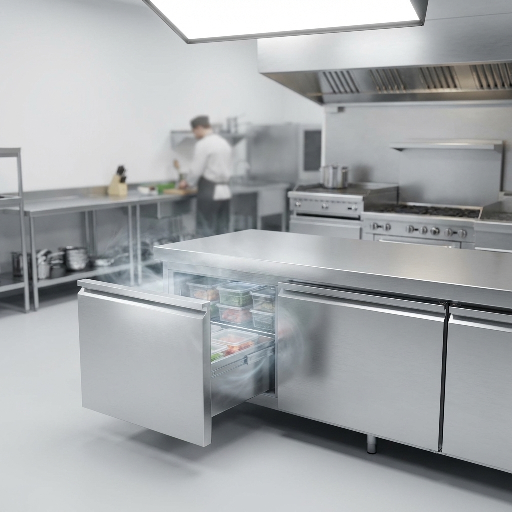 This image highlights the V-Core
 Cooling Technology of the Victory CBF96HC Chef Base Freezer, ensuring exceptional rapid cooling and energy-efficient performance for busy commercial kitchens.