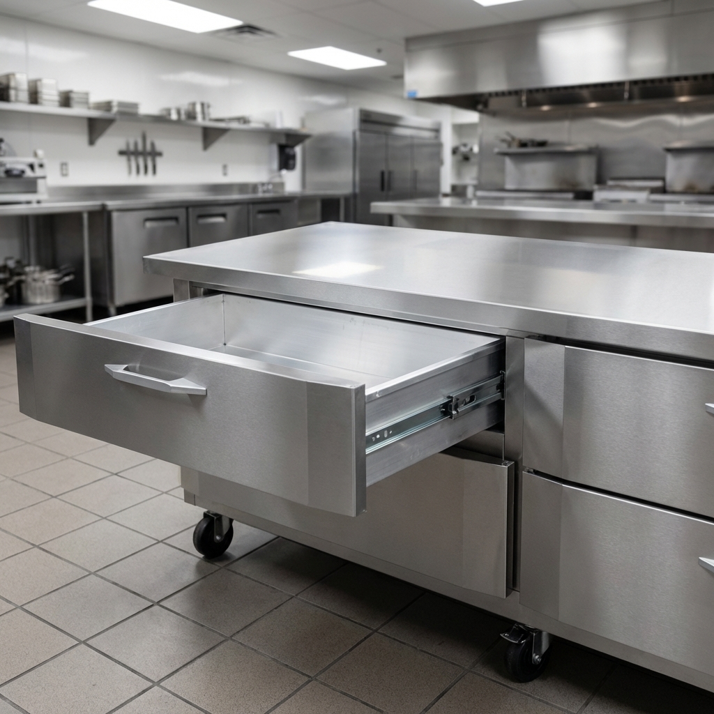 This image highlights the chef base freezer's robust cabinet construction, featuring its durable stainless steel exterior and clean aluminum interior, ready for demanding kitchen use.