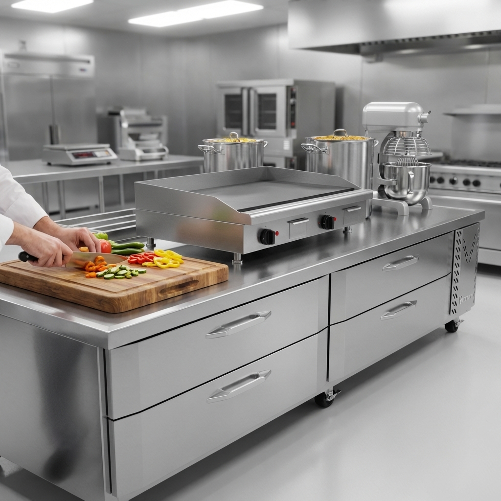 The chef base freezer's heavy-duty marine top provides a remarkably sturdy and expansive work surface, effortlessly supporting essential commercial kitchen equipment.