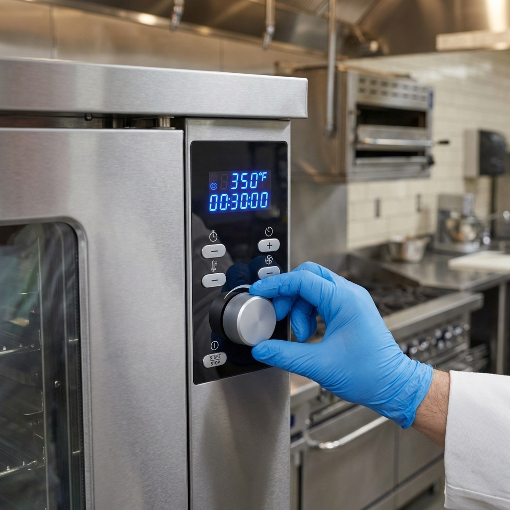 Experience precise cooking control with the advanced solid-state digital time and temperature controls of this commercial convection oven.