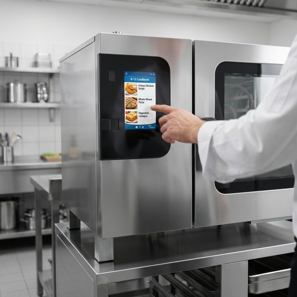 Explore a world of consistent quality and variety with the pre-loaded K-12 Cookbook, specifically designed for school menu items, visible on the combi oven's intuitive touchscreen.