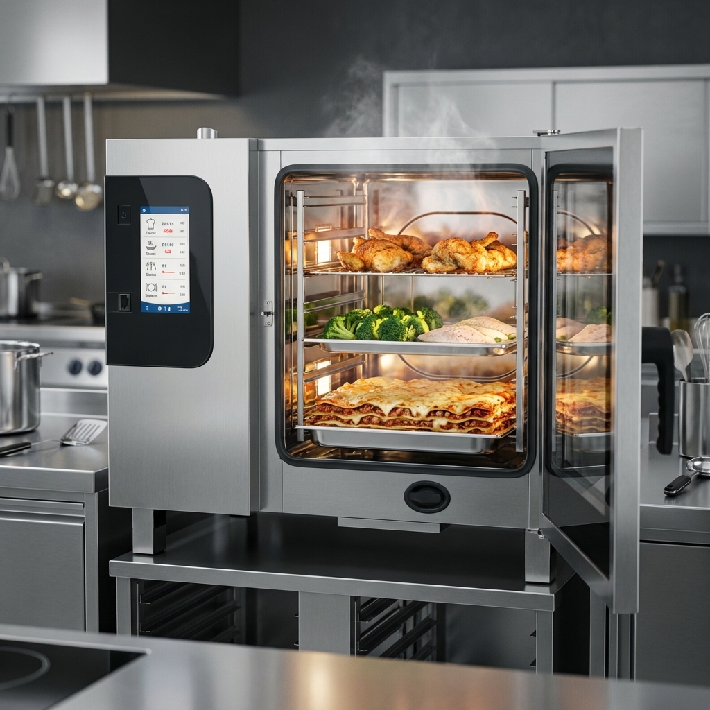 Observe the combi oven flawlessly executing multiple cooking modes, from roasting to steaming, all within a single appliance.