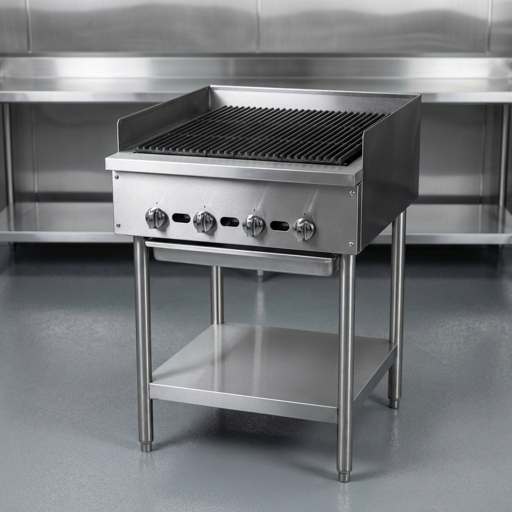 Showcasing its robust stainless steel construction, this charbroiler offers exceptional durability and effortless cleaning for any busy commercial kitchen.