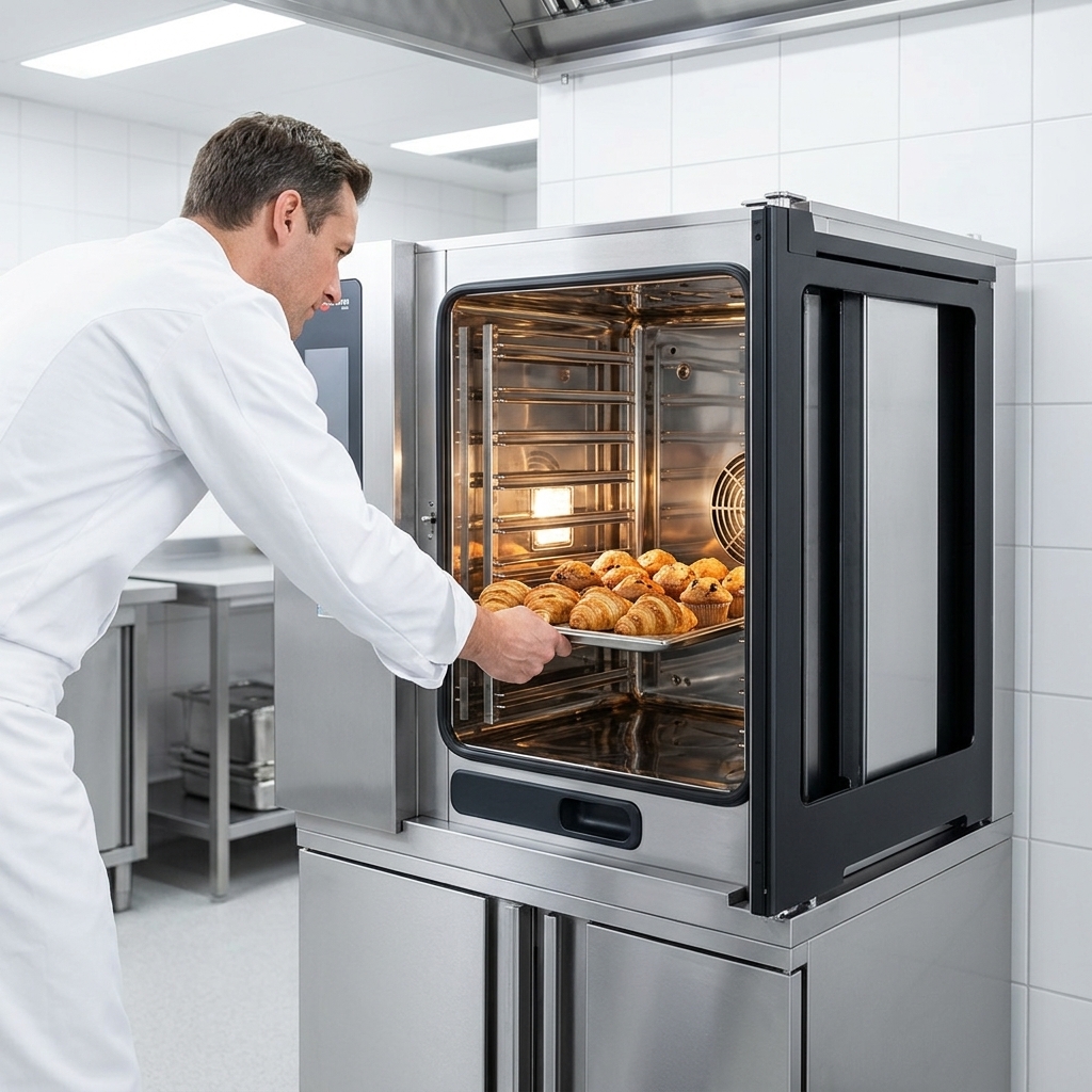 The Convotherm Maxx Pro's disappearing door neatly slides away, maximizing kitchen space and ensuring unimpeded access for a safer, more efficient workflow.