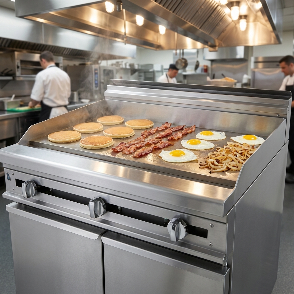 Experience the superior heat retention and even cooking provided by the griddle's polished 1-inch thick steel plates, ideal for high-volume kitchens.