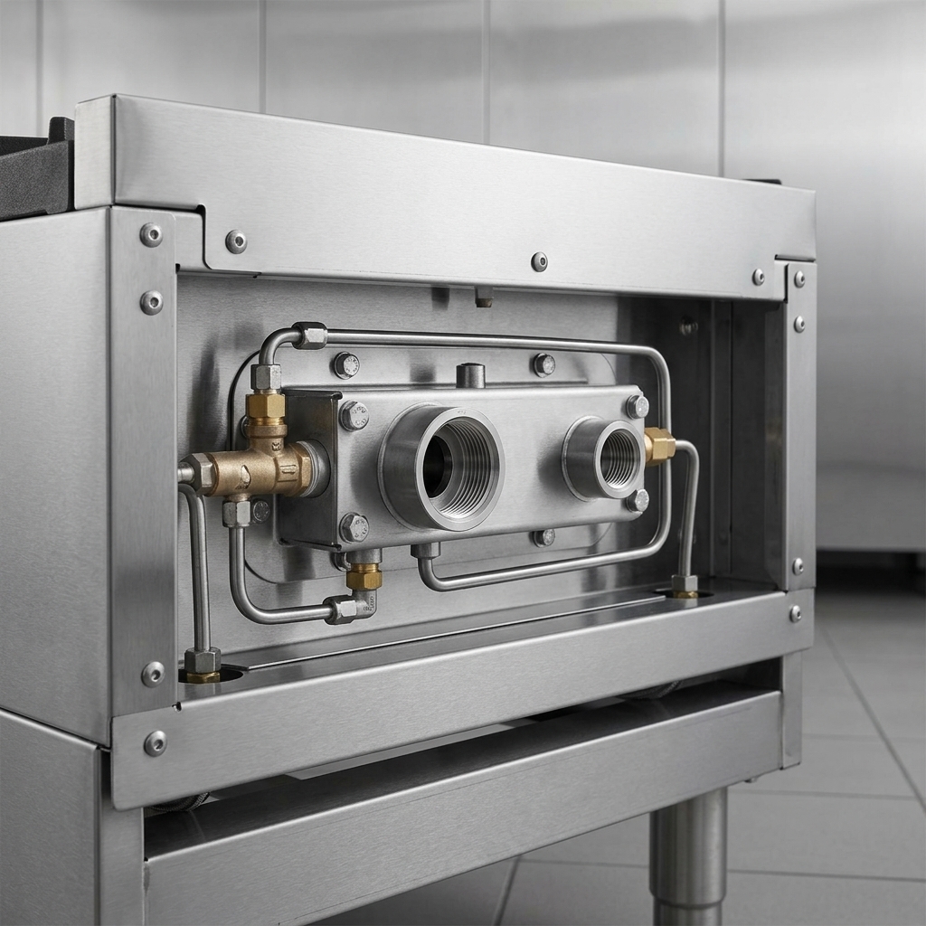 This detailed view highlights the flexible gas connection options, ensuring versatile installation for the heavy-duty commercial gas range.