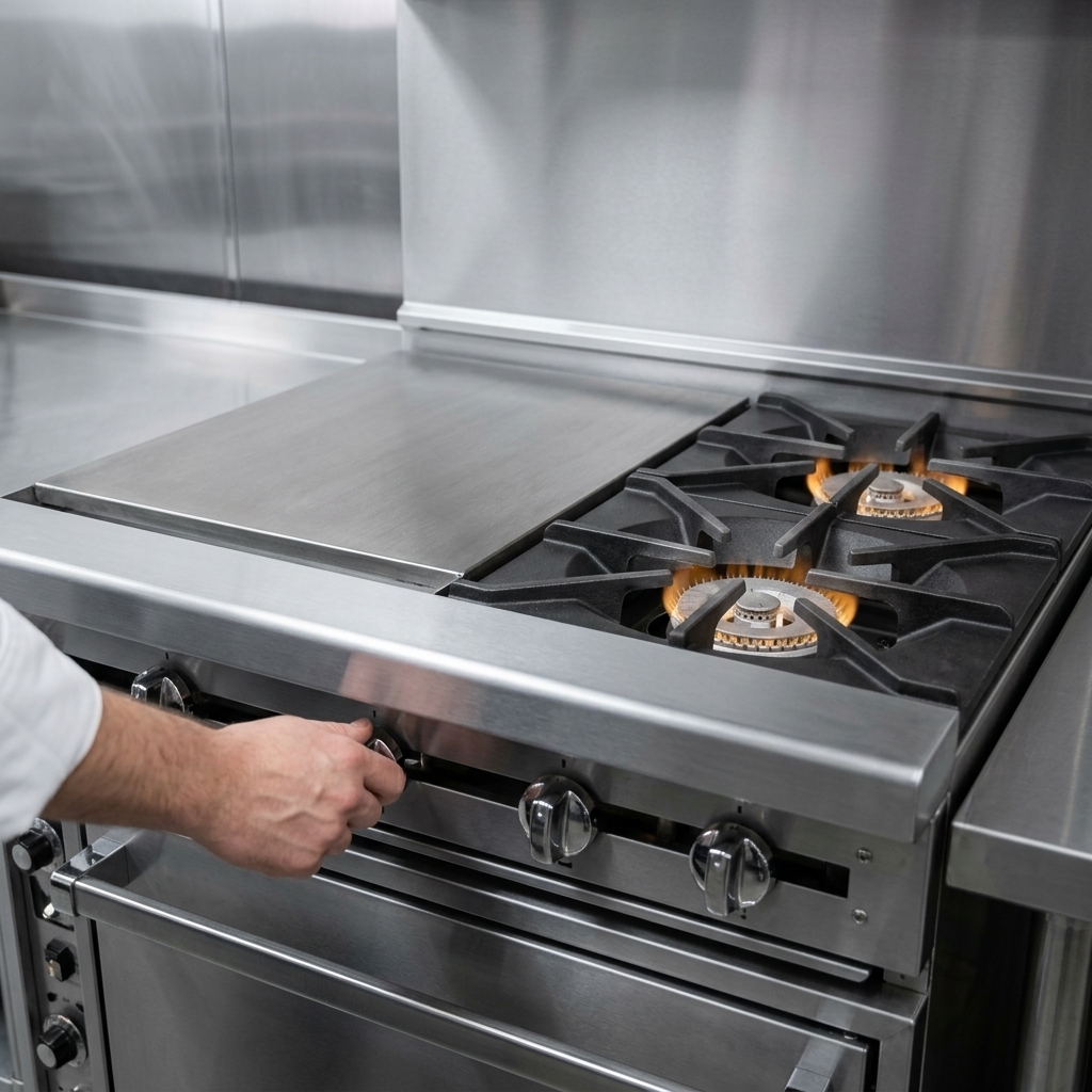 Observe the individual stainless steel pilot lights, ensuring reliable ignition and operation for each burner on this heavy-duty gas range.