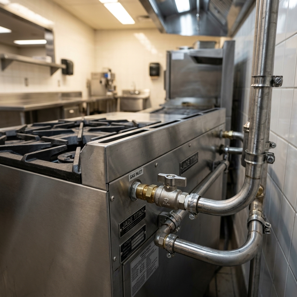 This detailed view highlights the robust stainless steel gas tubing, ensuring the range's exceptional longevity and safe operation.