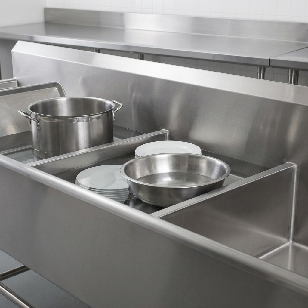 Maximize your kitchen's efficiency with this commercial sink featuring three generously sized compartments for a complete wash, rinse, and sanitize workflow.