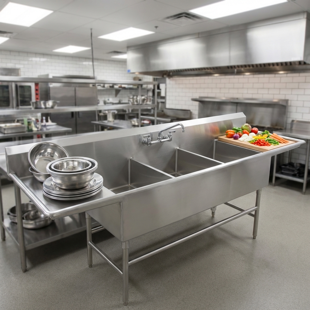 This image showcases the commercial sink's generous dual 30-inch drainboards, providing extensive space for air-drying dishes or food preparation.