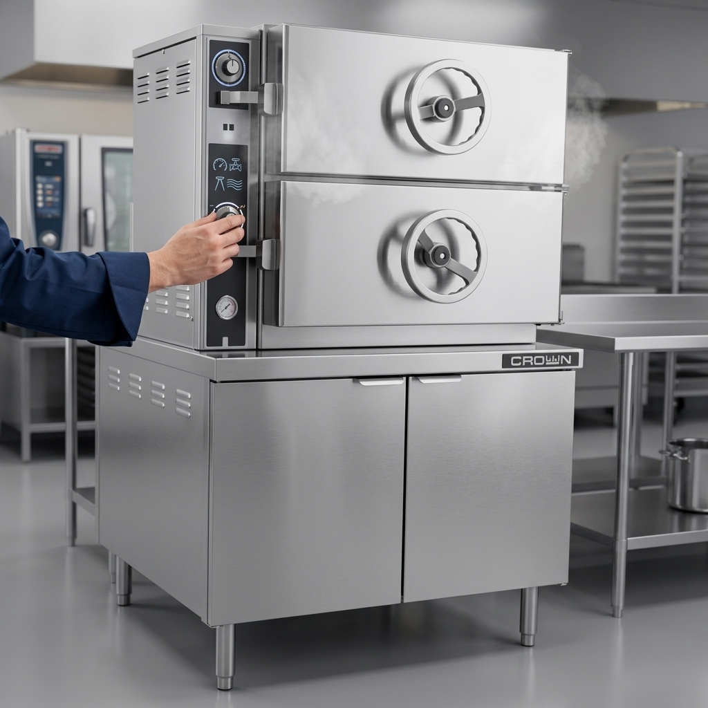 Experience versatile cooking with the Crown EDA-2 steamer, featuring dual-pressure options in its top compartment for diverse food preparations.