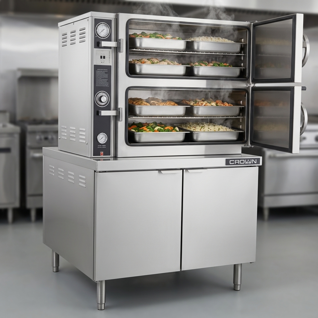 Observe the steamer's two independent compartments, each ready to maximize output with a capacity of eight full-size pans.