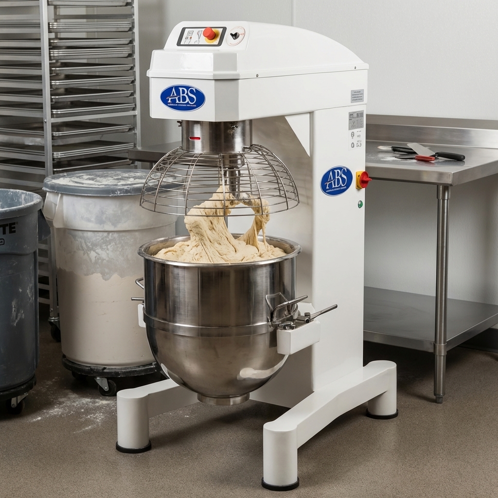 This floor mixer’s 80-quart bowl handles large batches with ease for high-volume bakery production.