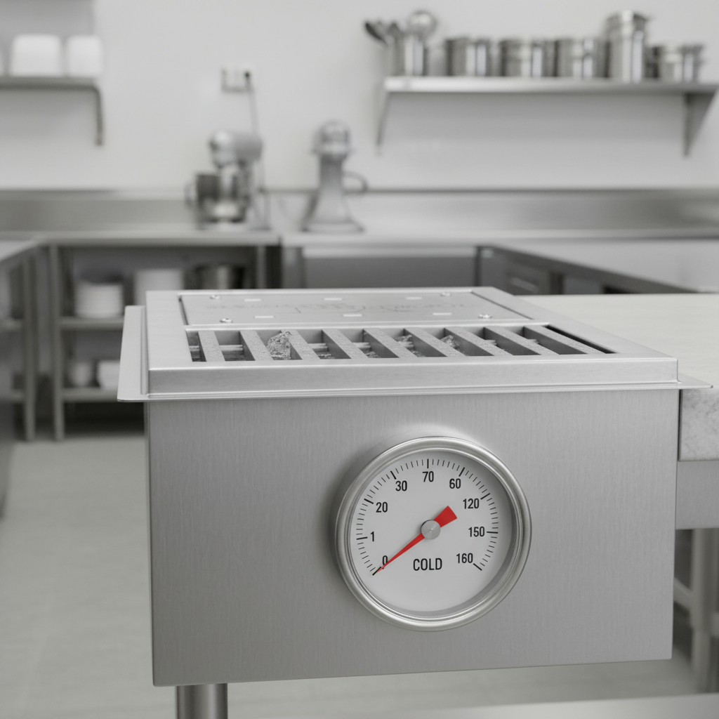 This image highlights the integral mechanical temperature sensor, regulating water temperature without requiring any electrical connection.