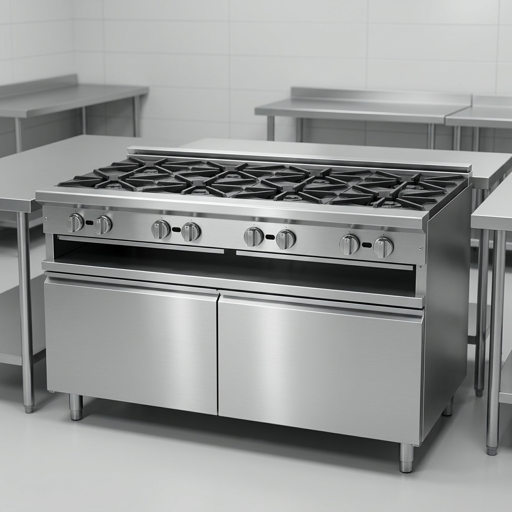 This image showcases the gas range's heavy-duty stainless steel construction, built for exceptional durability and easy cleaning.
