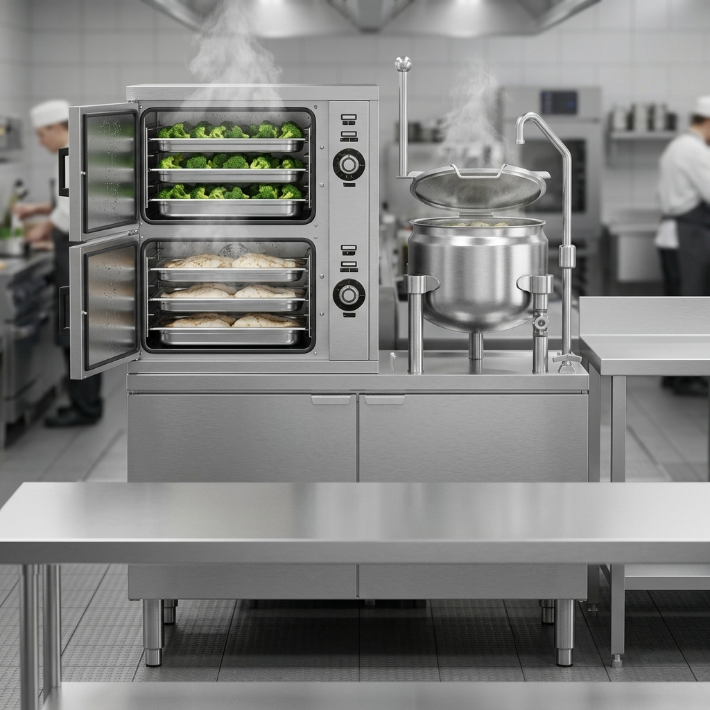This dual-compartment convection steamer allows for simultaneous steaming of different items, maximizing kitchen efficiency.