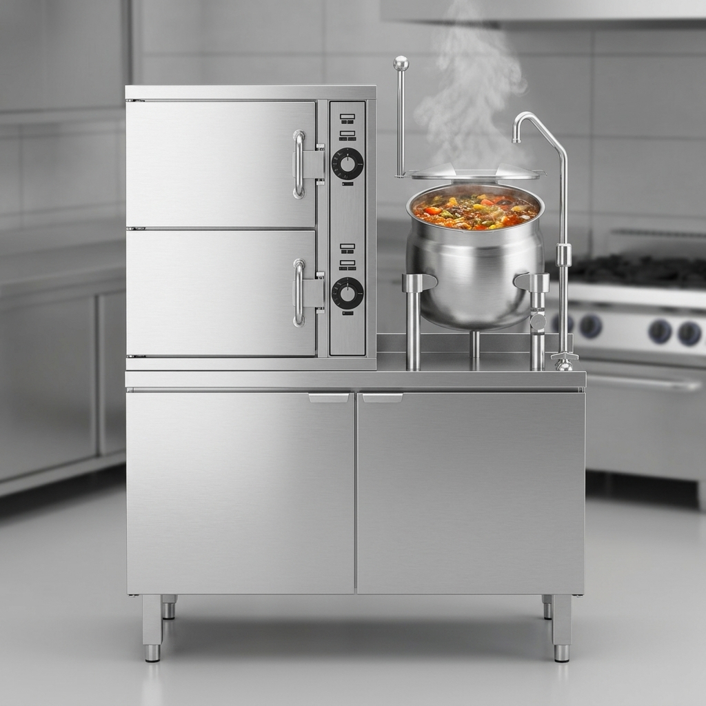 Efficiently prepare large batches of soups and stews with the integrated 10-gallon steam kettle.