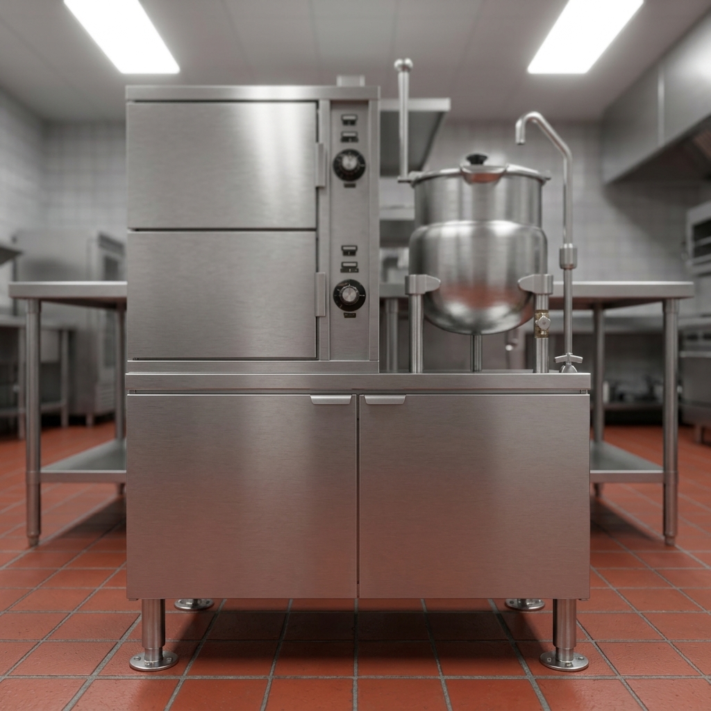 Experience superior stability with the steamer's robust 48-inch cabinet base and adjustable flanged legs, designed for secure floor model installation.