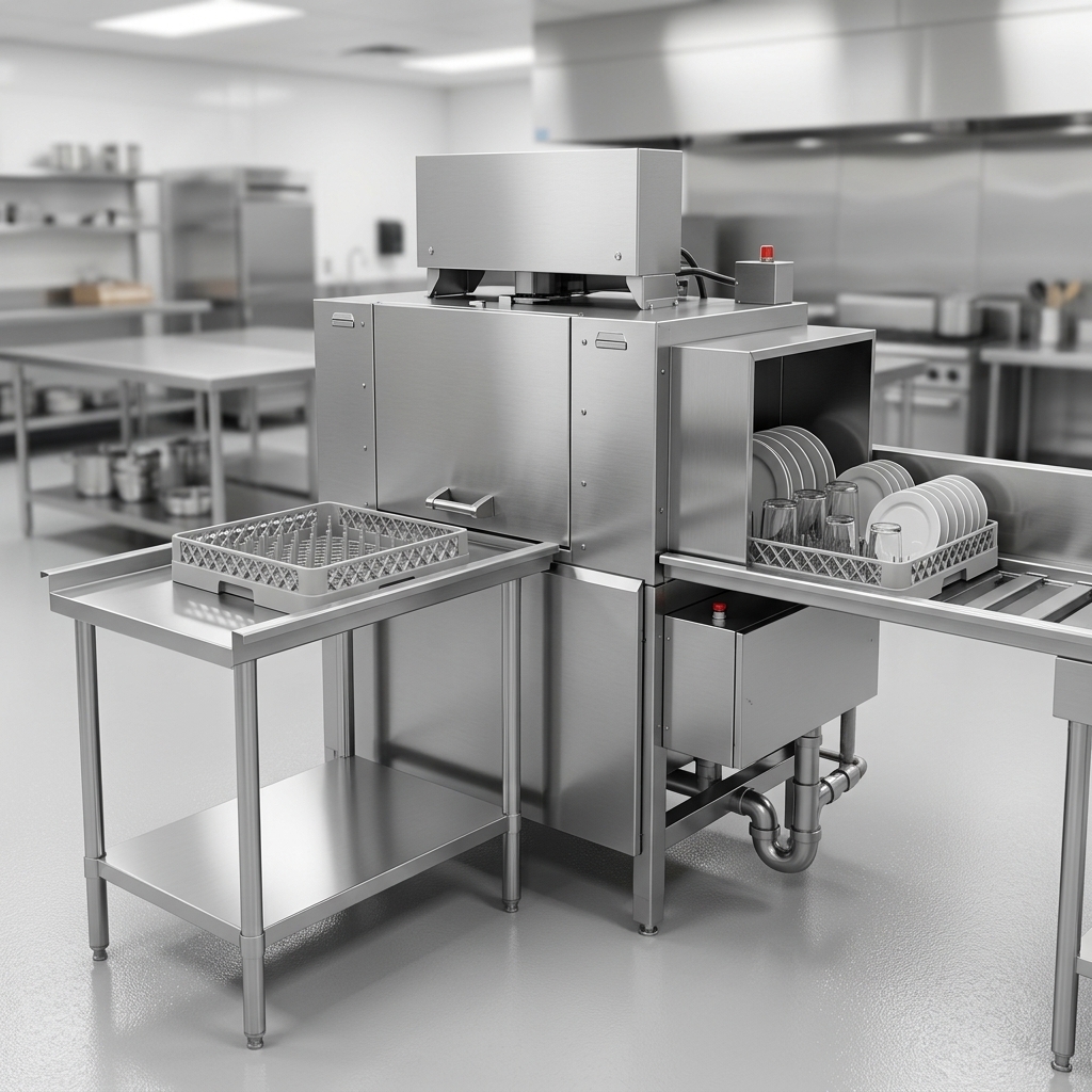 Observe the American Dish Service ADC-44 High Temp Conveyor Dishwasher, engineered for seamless right-to-left dish flow in busy commercial kitchens.