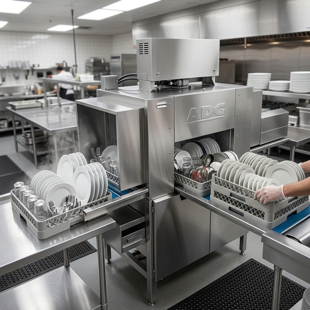 Witness the American Dish Service ADC-44 in a busy commercial kitchen, expertly demonstrating its impressive high-capacity throughput by processing multiple dish racks simultaneously.