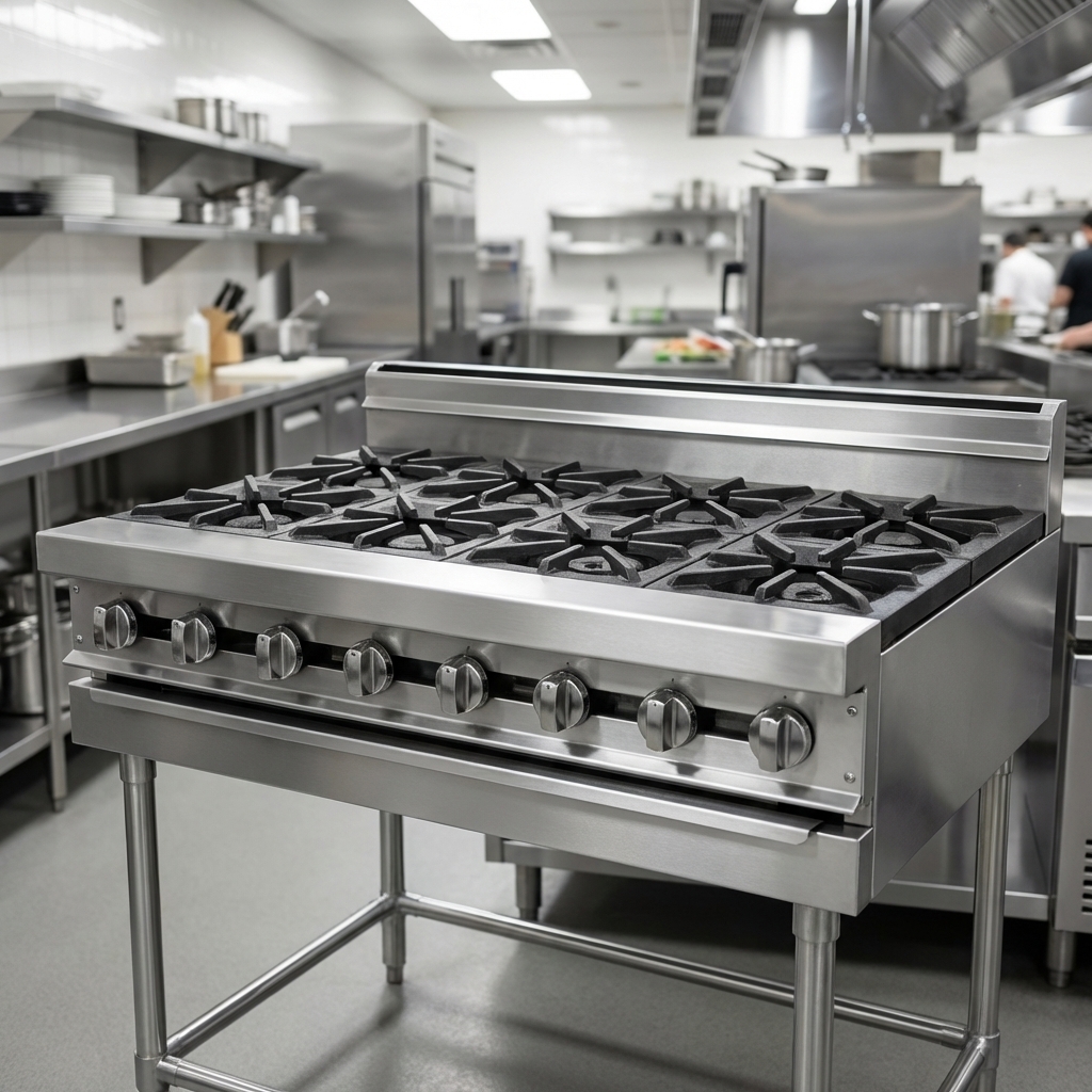 Experience the exceptional durability and strength of this 8-burner gas range, expertly crafted with heavy-duty stainless steel construction for the busiest commercial kitchens.