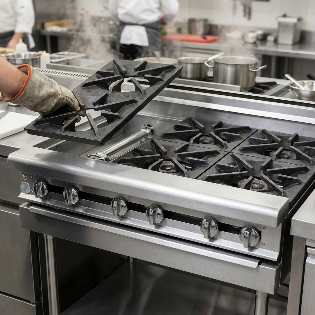 Effortlessly clean your commercial kitchen with individual lift-off grates designed for easy removal and maintenance.
