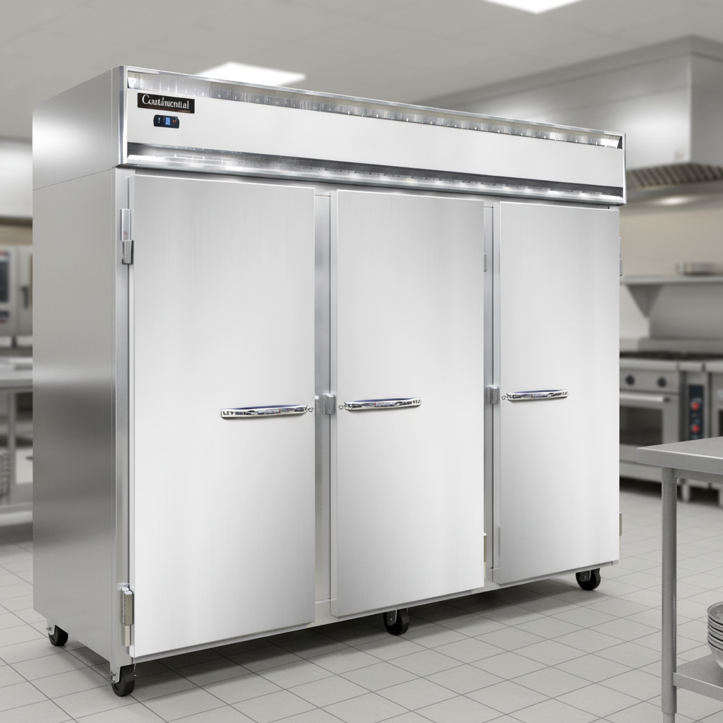 This image highlights the impressive extra-wide, three-section design of the reach-in freezer, offering expansive storage for high-volume commercial kitchens.