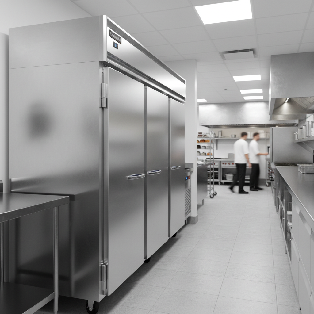 Observe the shallow depth design of this three-section reach-in freezer, engineered to maximize kitchen flow in tight spaces.
