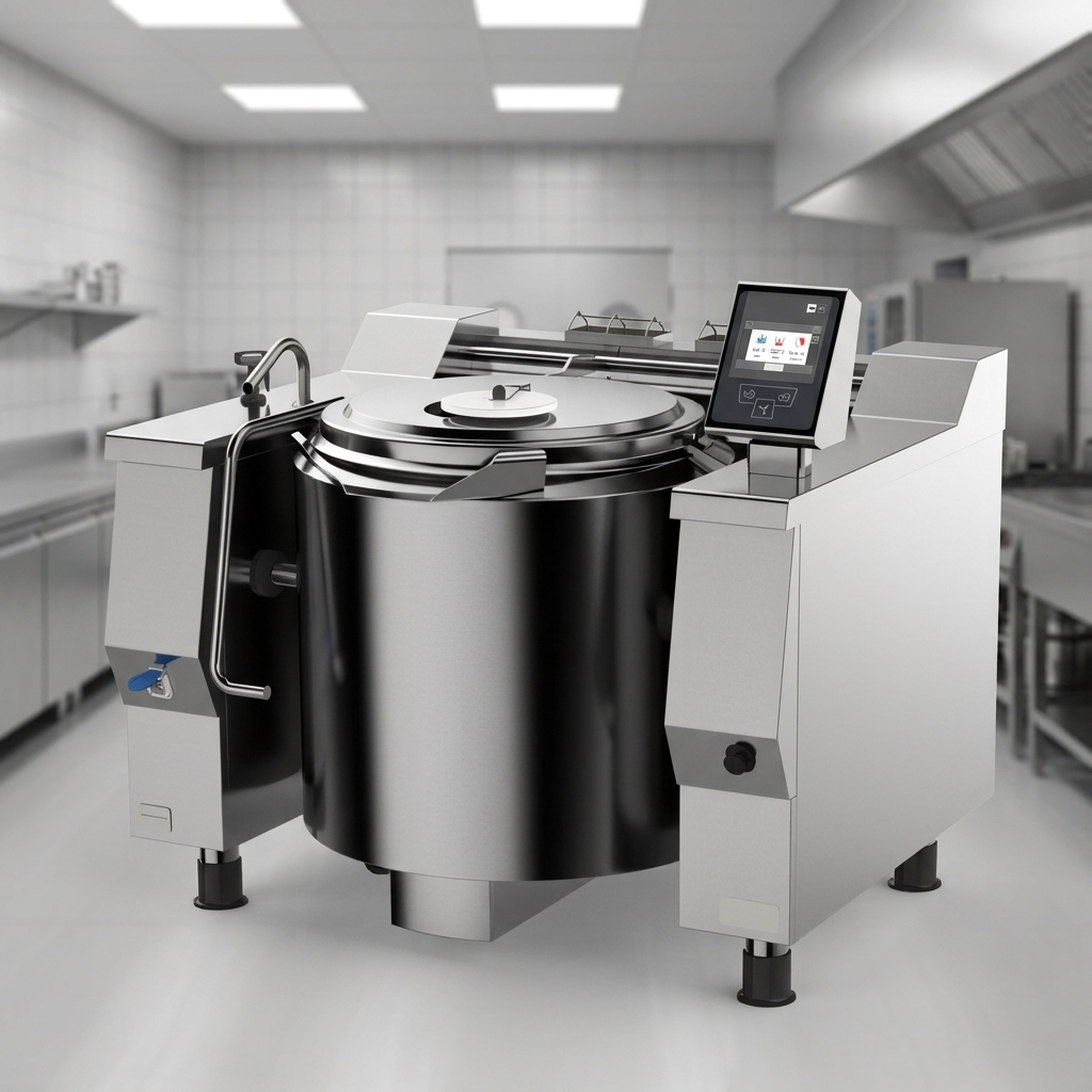 This image showcases the 122-gallon tilting kettle's robust, heavy-duty stainless steel construction designed for unparalleled durability in any commercial kitchen.