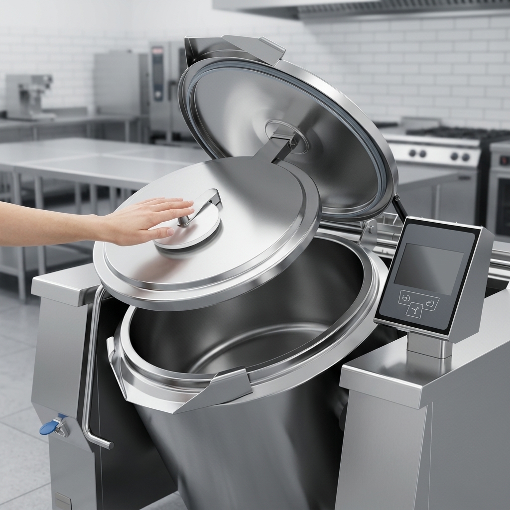 Experience effortless operation with the Baskett Firex tilting kettle's insulated lid, designed for safety and ease of use in any commercial kitchen.