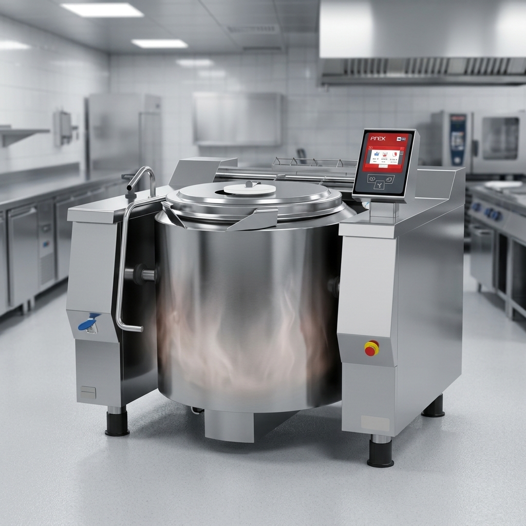 Achieve optimal cooking results with the tilting kettle's high-efficiency gas heating, featuring precise automatic electronic control.
