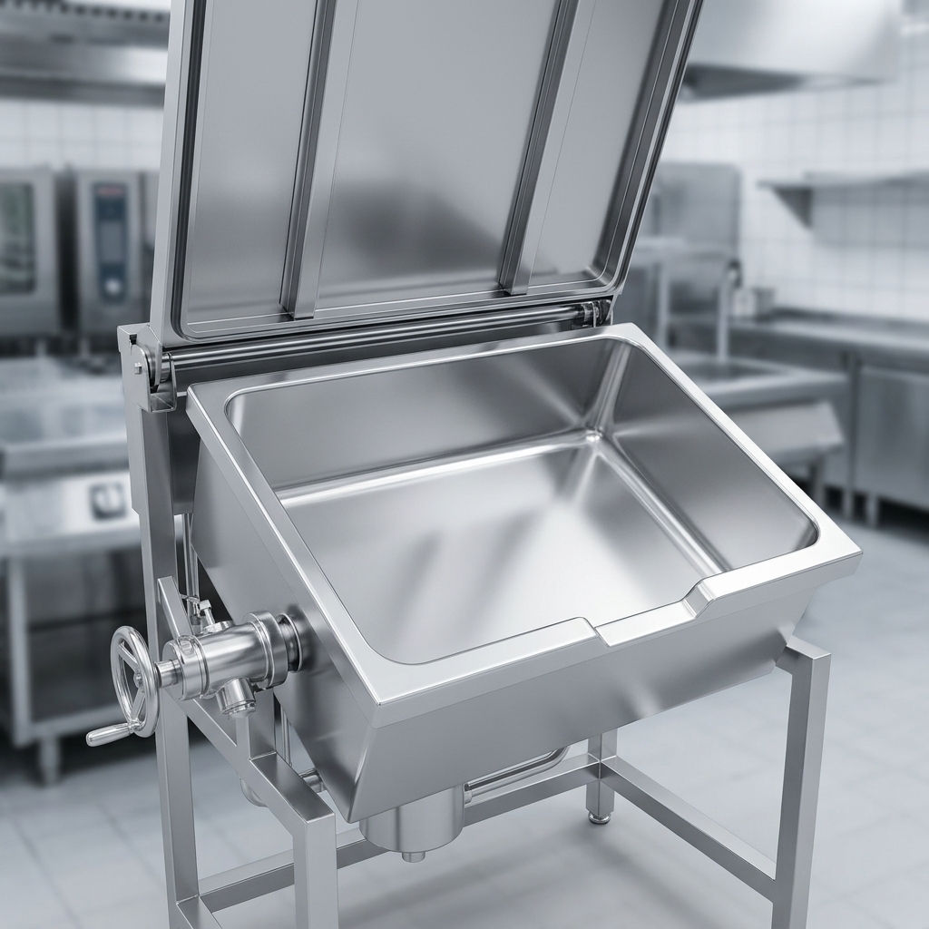 The gleaming 304 stainless steel food contact zone of this tilting skillet offers unparalleled hygiene and exceptional durability for all your culinary needs.