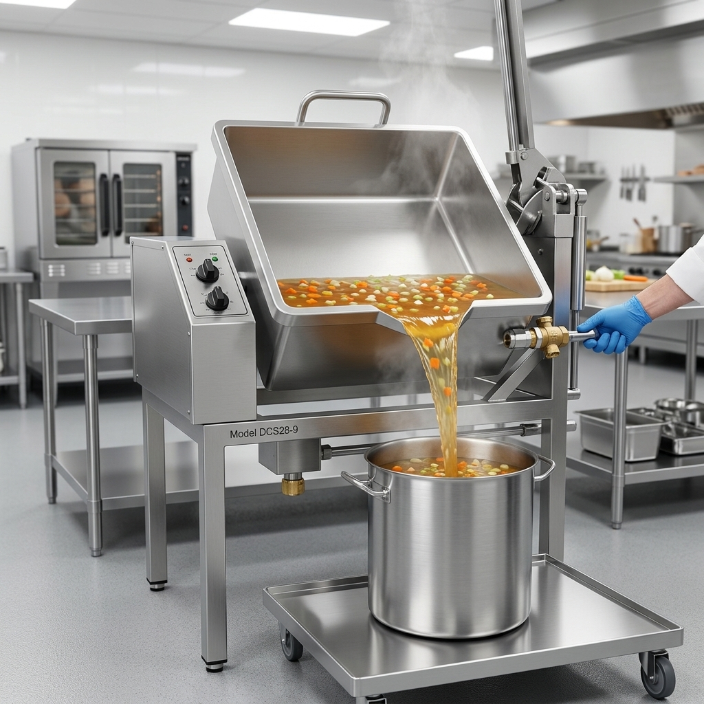 Effortlessly drain cooked products with the convenient 1 1/2 inch compression draw-off shown efficiently managing liquid from the large tilting skillet.