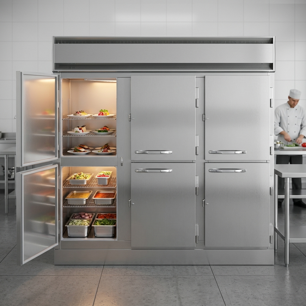 This image highlights the impressive three-section capacity of the heated holding cabinet, perfect for organizing a variety of dishes in a commercial kitchen.