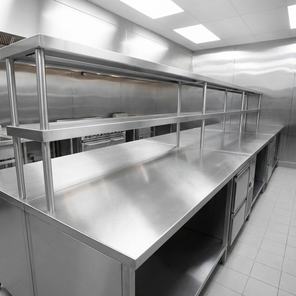This image highlights the modular design of the chef service counter, demonstrating how sections seamlessly combine to create extended, customized workstations.