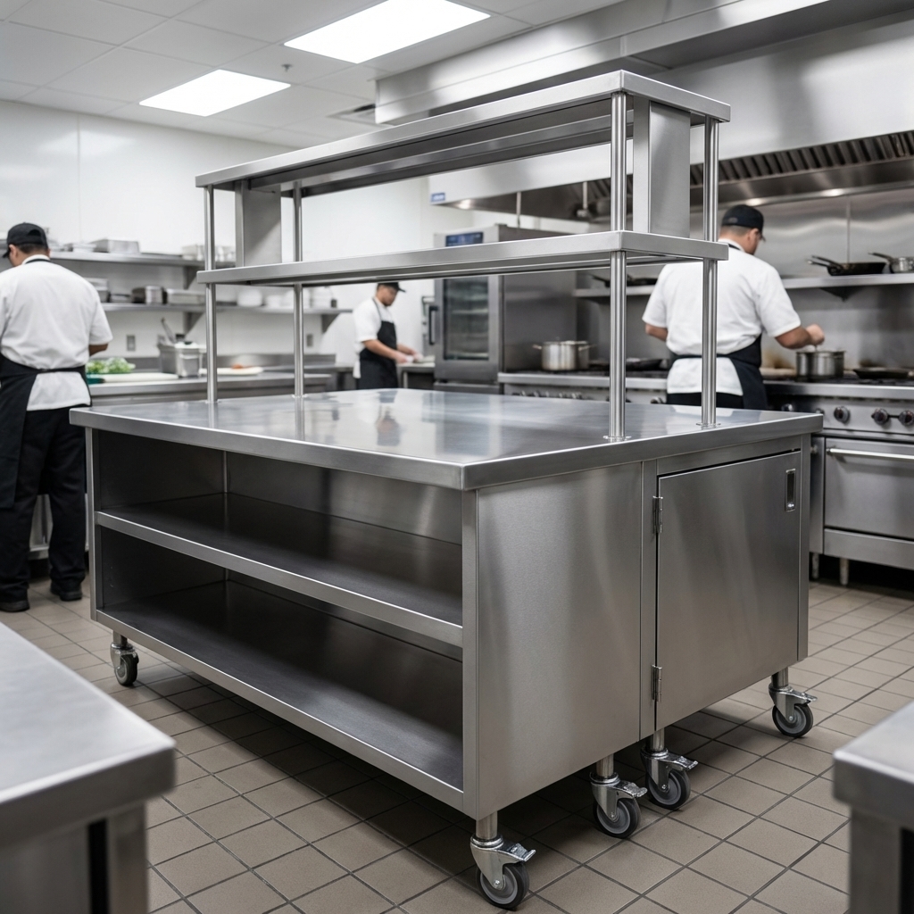 This image showcases the Randell RCR-37.5 modular chef service counter's exceptional durability, featuring a robust 16-gauge stainless steel top and high-quality stainless steel construction designed for demanding commercial kitchens.