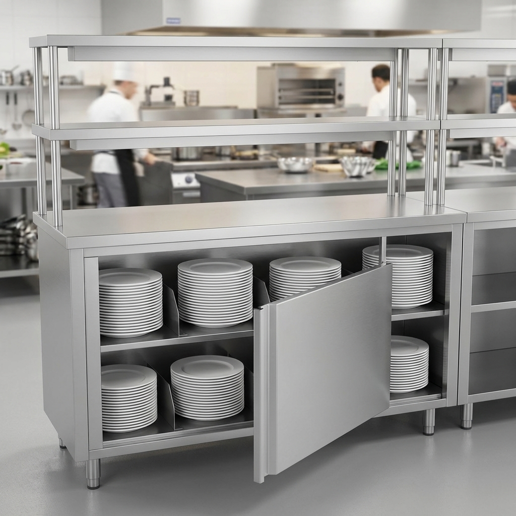 Effortlessly organize and access your dinnerware with the Randell Chef Service Counter's integrated plate storage cabinet, designed for ultimate convenience.