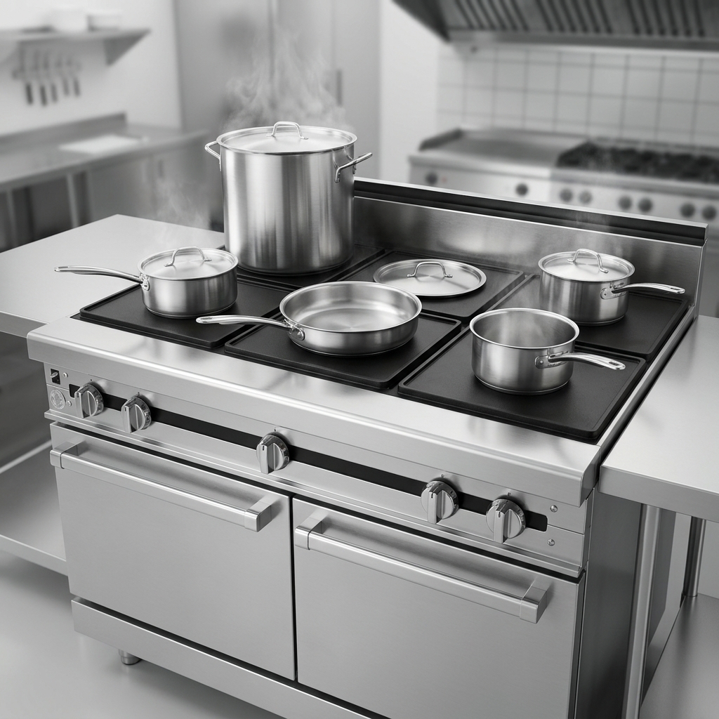 The range features five 12-inch hot tops, providing extensive and evenly heated cooking space for diverse culinary demands.