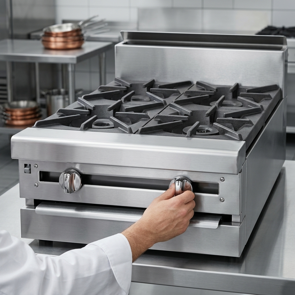 Precise infinite controls allow chefs to fine-tune temperatures for each individual hot top on this heavy-duty gas range.