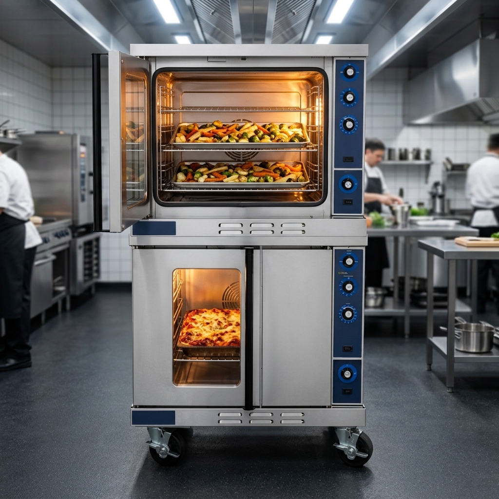 This image highlights the oven's double-deck design, enabling increased cooking capacity and simultaneous preparation of diverse menu items.