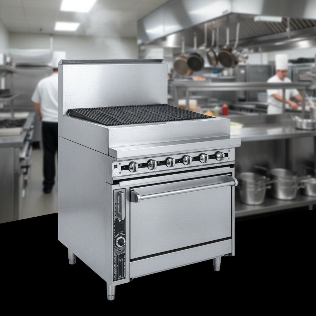This image highlights the charbroiler's exceptional heavy-duty, all-welded construction designed for maximum durability in any commercial kitchen.