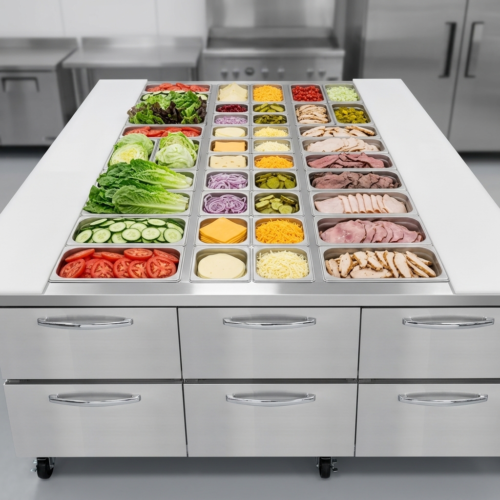 Showcasing exceptional durability and extensive ingredient organization, the 300 Series Stainless Steel Mighty Top offers a pristine and spacious workspace for any commercial kitchen.