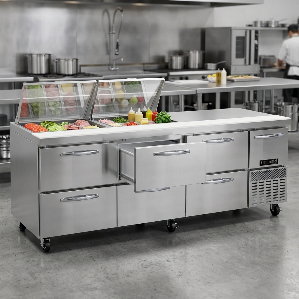 This image showcases the sandwich prep table's robust commercial construction, featuring gleaming stainless steel and a hygienic aluminum interior built for lasting durability in busy kitchens.