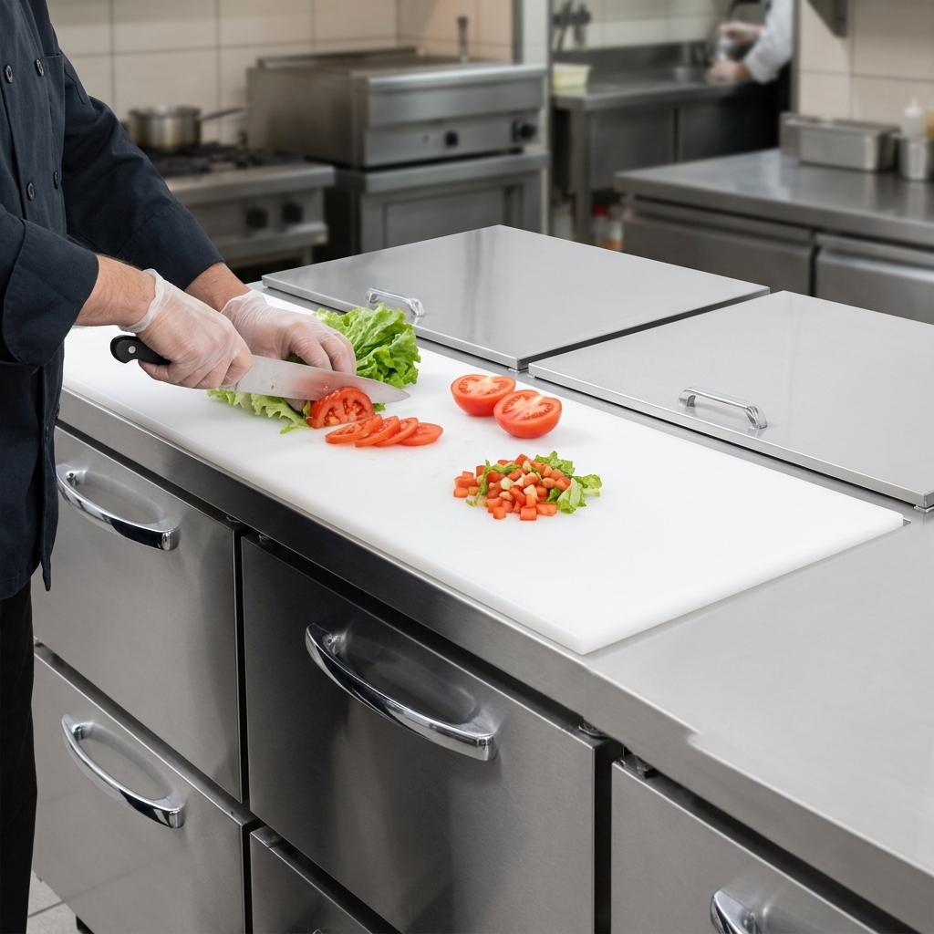Effortlessly prepare ingredients on the convenient, integrated 10-inch deep nylon cutting board of this refrigerated prep table.