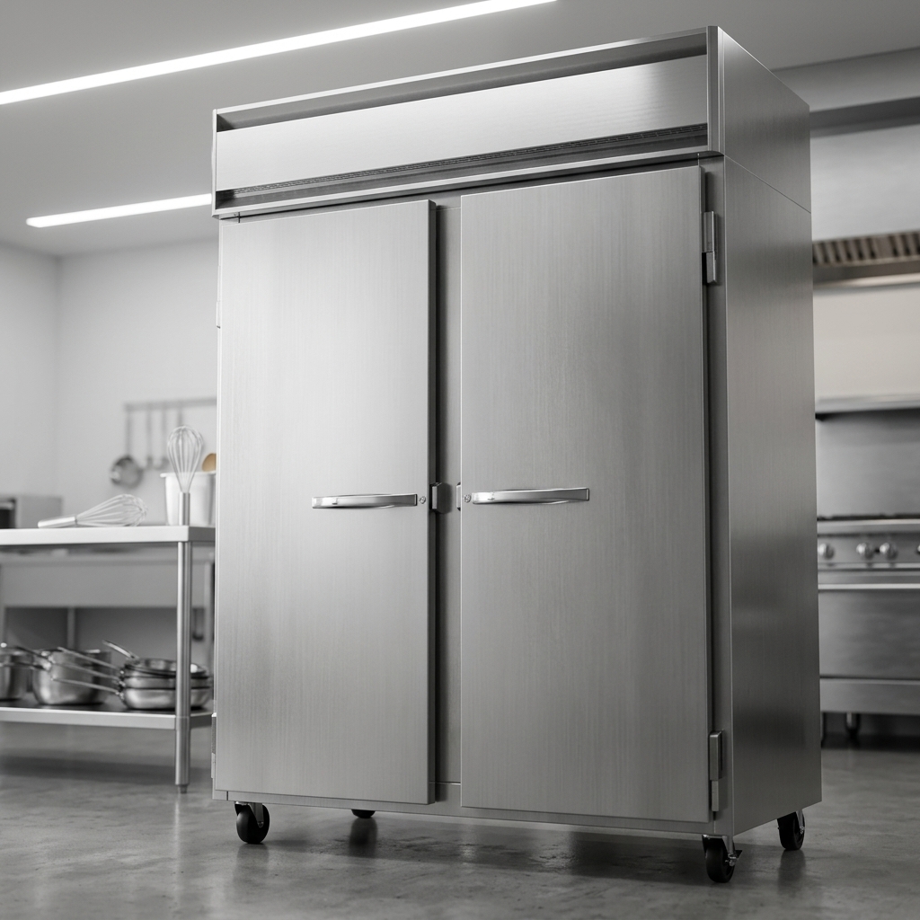 Showcasing its robust stainless steel exterior, this extra-wide reach-in freezer brings professional durability and a sleek, modern aesthetic to any demanding commercial kitchen.