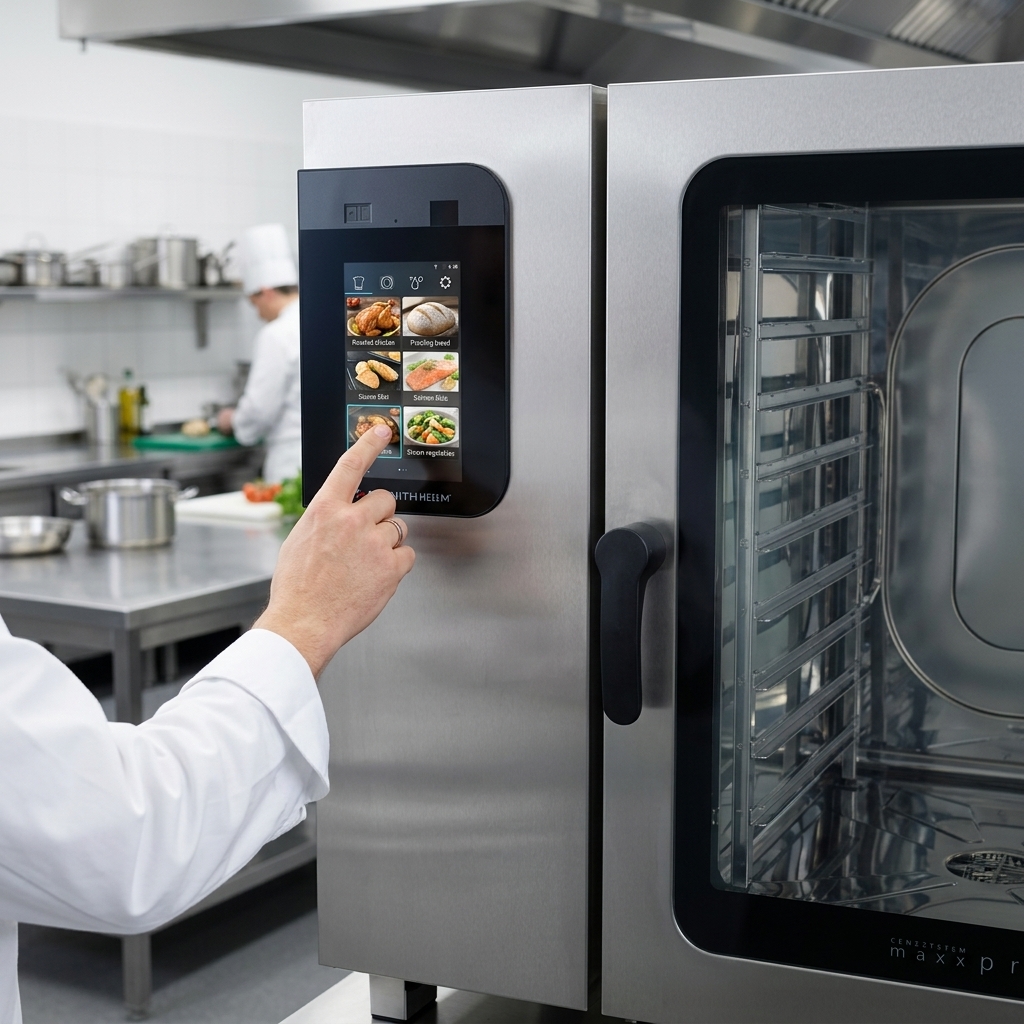 Experience effortless control with the Convotherm combi oven's vibrant 10-inch easyTouch control panel, designed for intuitive operation.